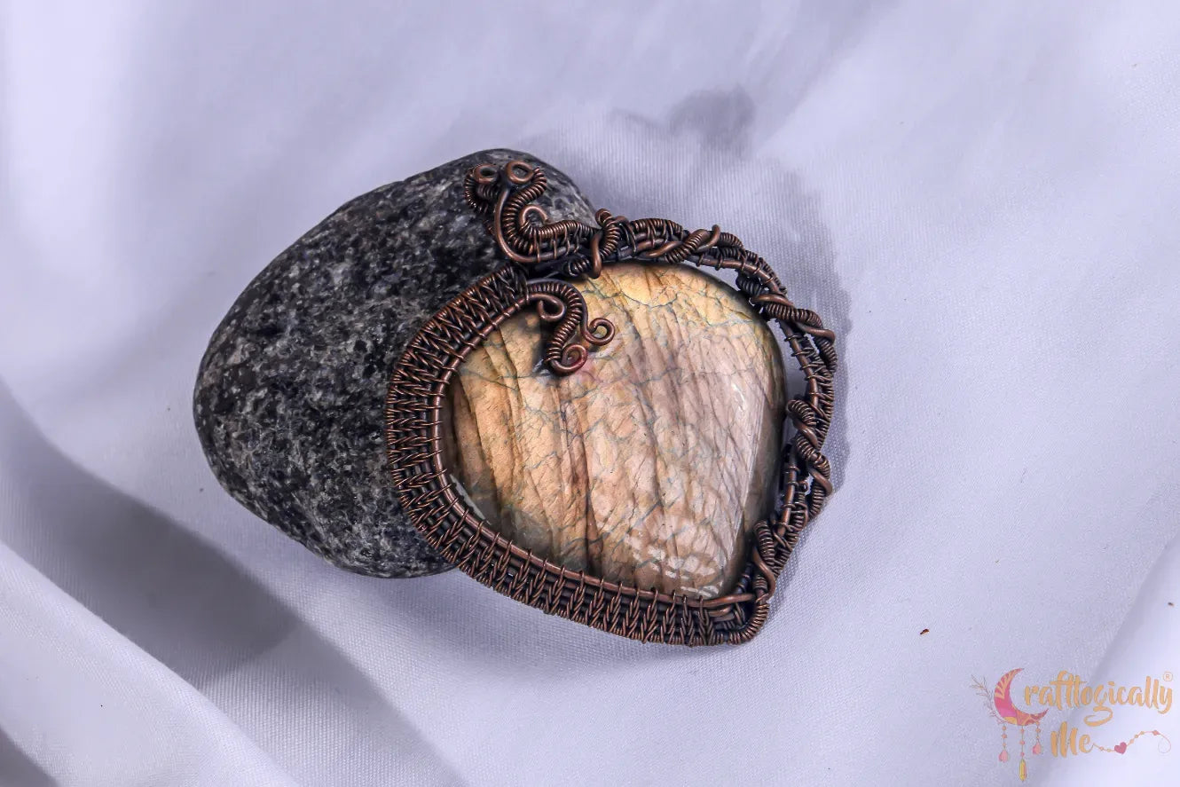 Yellow Flash Labradorite Gemstone Heart Pendant – Oxidized Copper Wire Wrapped Jewelry