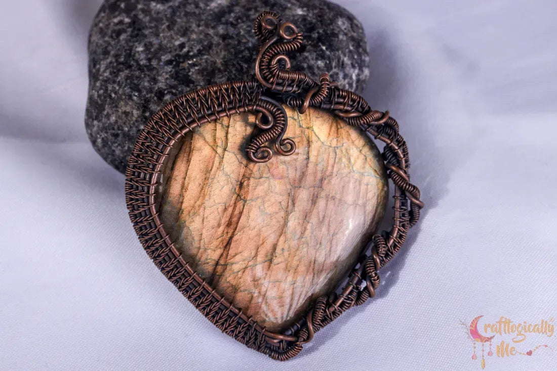 Yellow Flash Labradorite Gemstone Heart Pendant – Oxidized Copper Wire Wrapped Jewelry