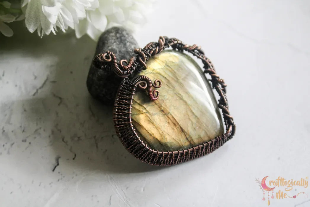 Yellow Flash Labradorite Gemstone Heart Pendant – Oxidized Copper Wire Wrapped Jewelry