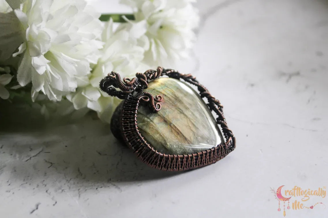Yellow Flash Labradorite Gemstone Heart Pendant – Oxidized Copper Wire Wrapped Jewelry