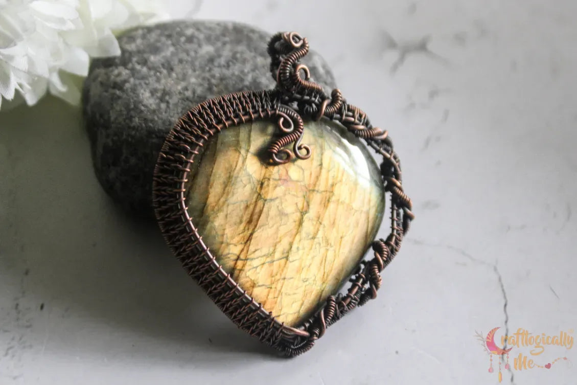 Yellow Flash Labradorite Gemstone Heart Pendant – Oxidized Copper Wire Wrapped Jewelry