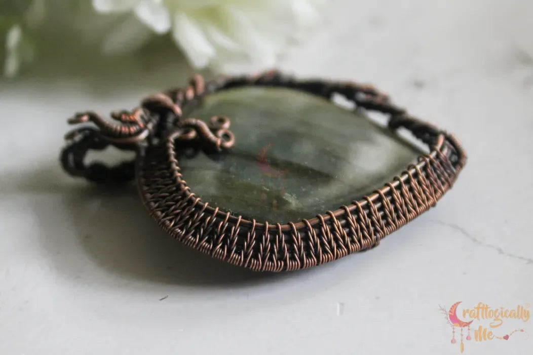Yellow Flash Labradorite Gemstone Heart Pendant – Oxidized Copper Wire Wrapped Jewelry