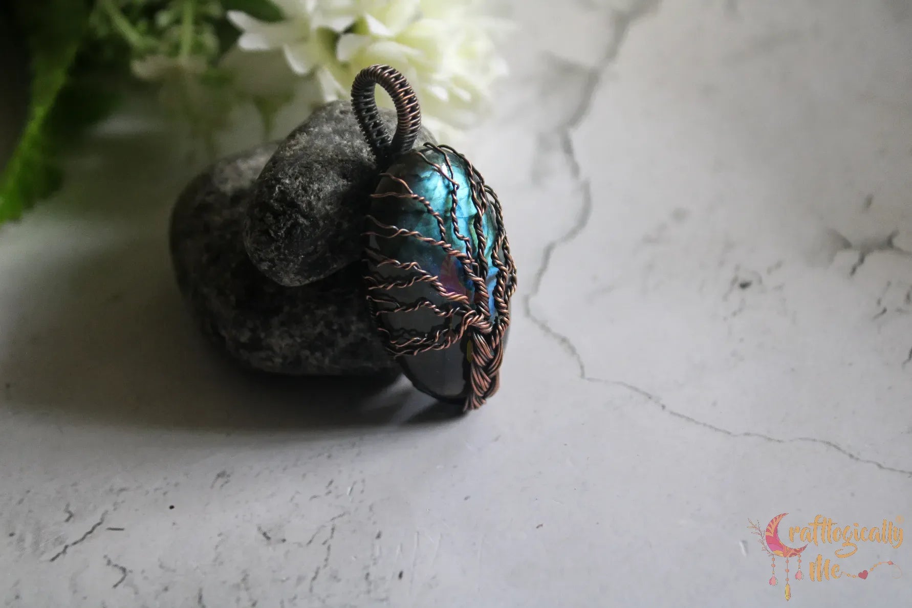 Blue Flash Labradorite Gemstone Braided Tree of Life Pendant – Oxidized Copper Wire Wrapped Jewelry
