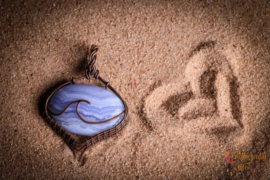Blue Lace Agate Gemstone Sea Wave Pendant – Oxidized Copper Wire Wrapped Jewelry