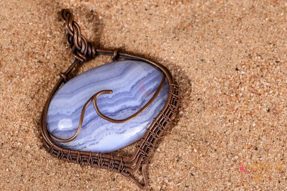 Blue Lace Agate Gemstone Sea Wave Pendant – Oxidized Copper Wire Wrapped Jewelry