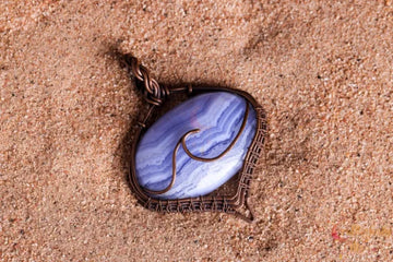 Blue Lace Agate Gemstone Sea Wave Pendant – Oxidized Copper Wire Wrapped Jewelry