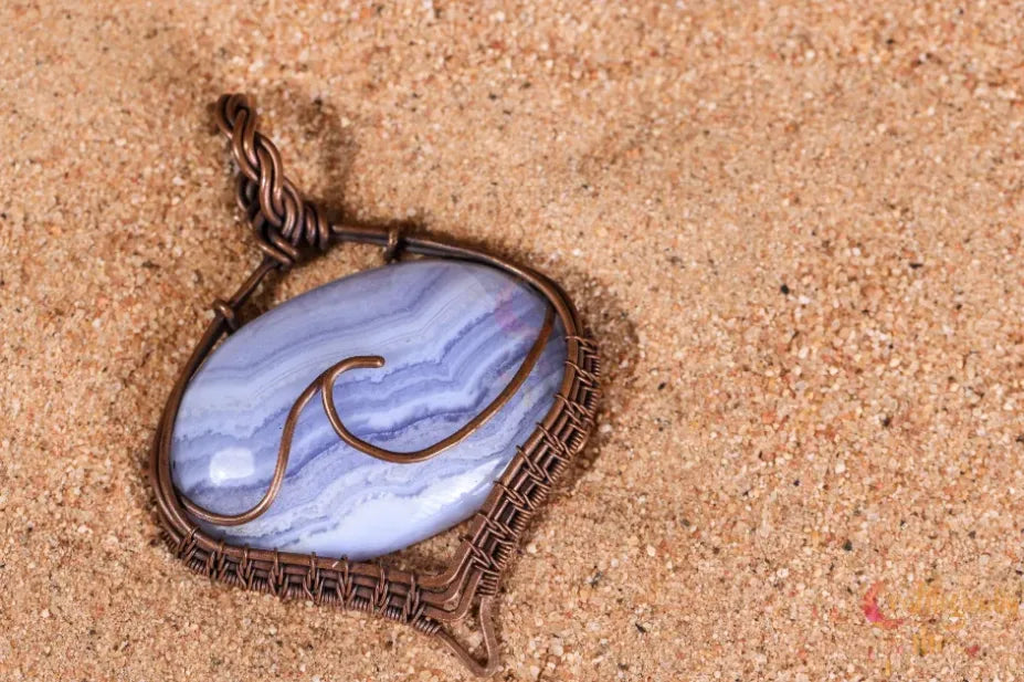 Blue Lace Agate Gemstone Sea Wave Pendant – Oxidized Copper Wire Wrapped Jewelry