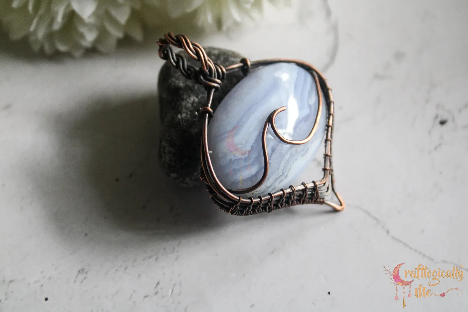 Blue Lace Agate Gemstone Sea Wave Pendant – Oxidized Copper Wire Wrapped Jewelry