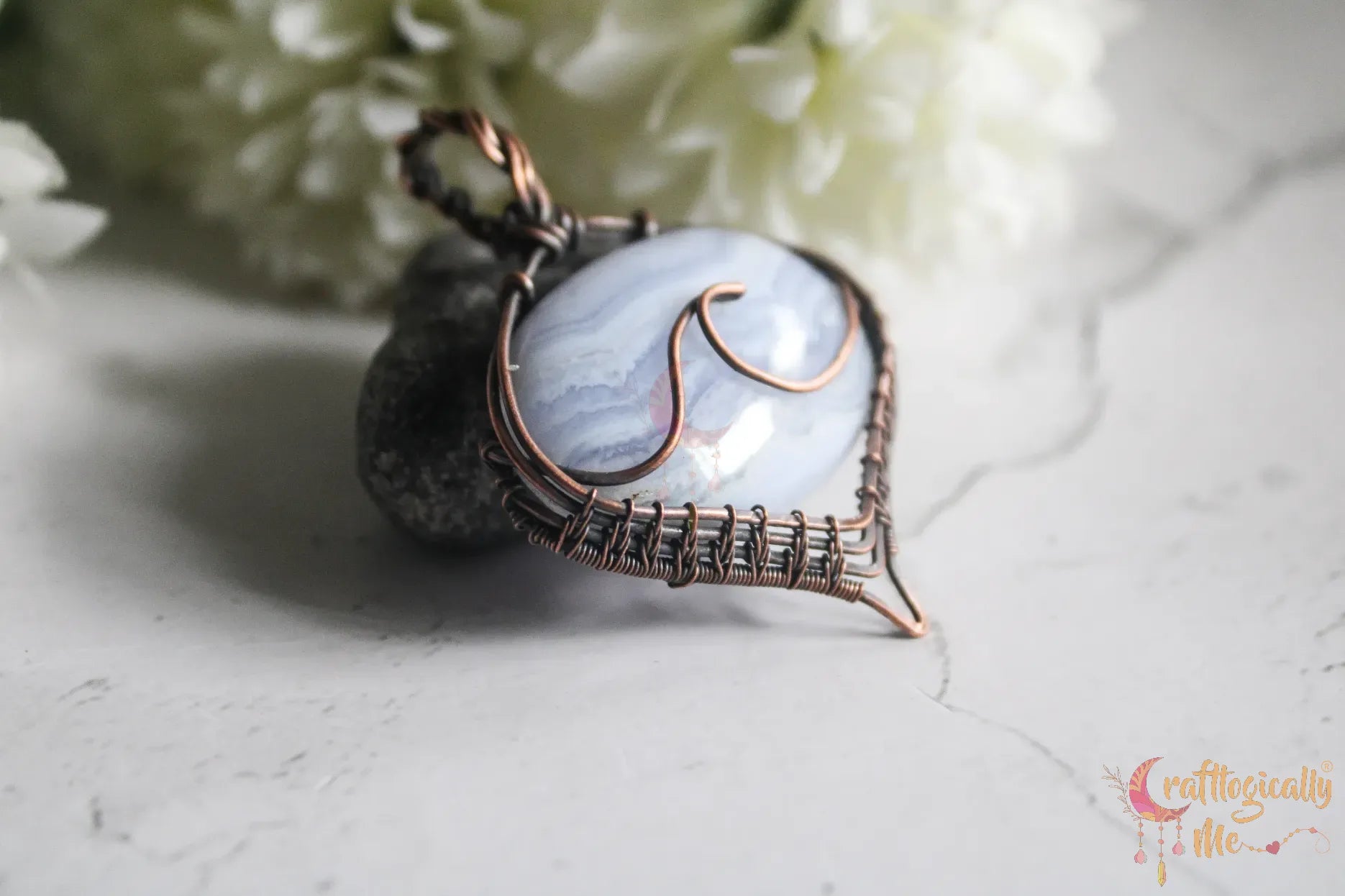 Blue Lace Agate Gemstone Sea Wave Pendant – Oxidized Copper Wire Wrapped Jewelry