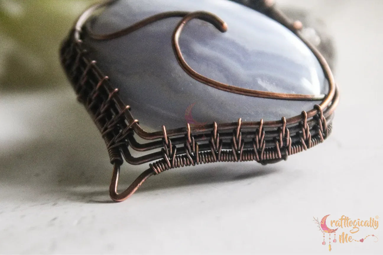 Blue Lace Agate Gemstone Sea Wave Pendant – Oxidized Copper Wire Wrapped Jewelry