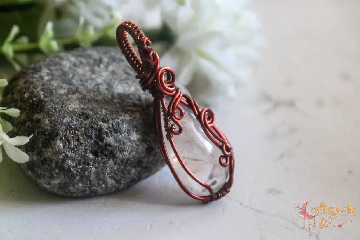 Rose Quartz Gemstone Swirly Wrap Pendant – Handmade Anti-Tarnish Copper Jewelry