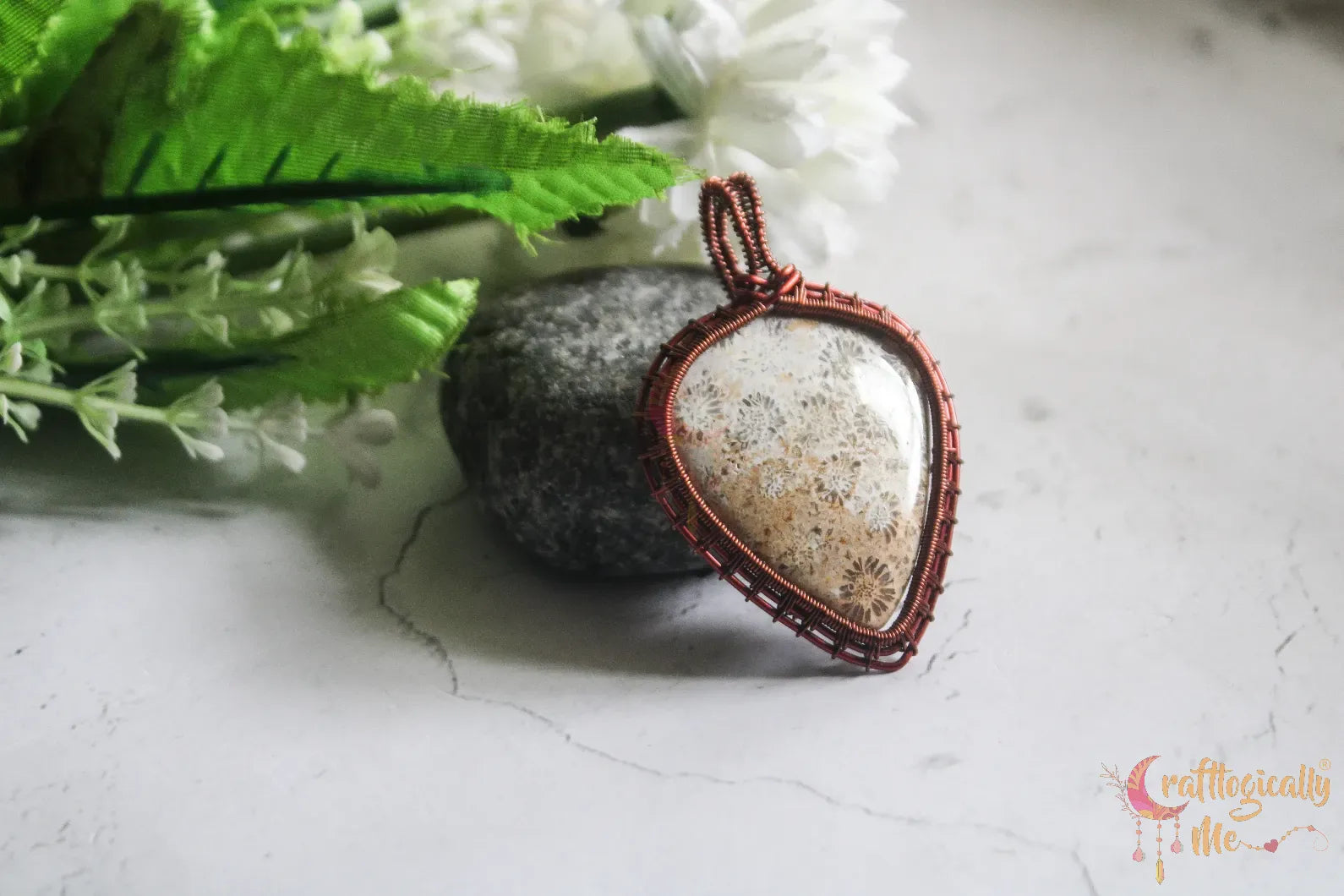 Fossil Jasper Gemstone Teardrop Wrap Pendant – Handmade Anti-Tarnish Copper Jewelry