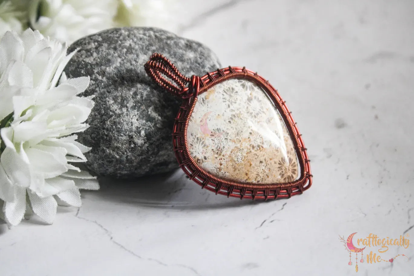 Fossil Jasper Gemstone Teardrop Wrap Pendant – Handmade Anti-Tarnish Copper Jewelry