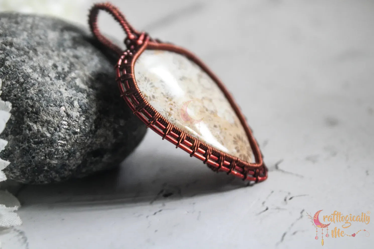 Fossil Jasper Gemstone Teardrop Wrap Pendant – Handmade Anti-Tarnish Copper Jewelry