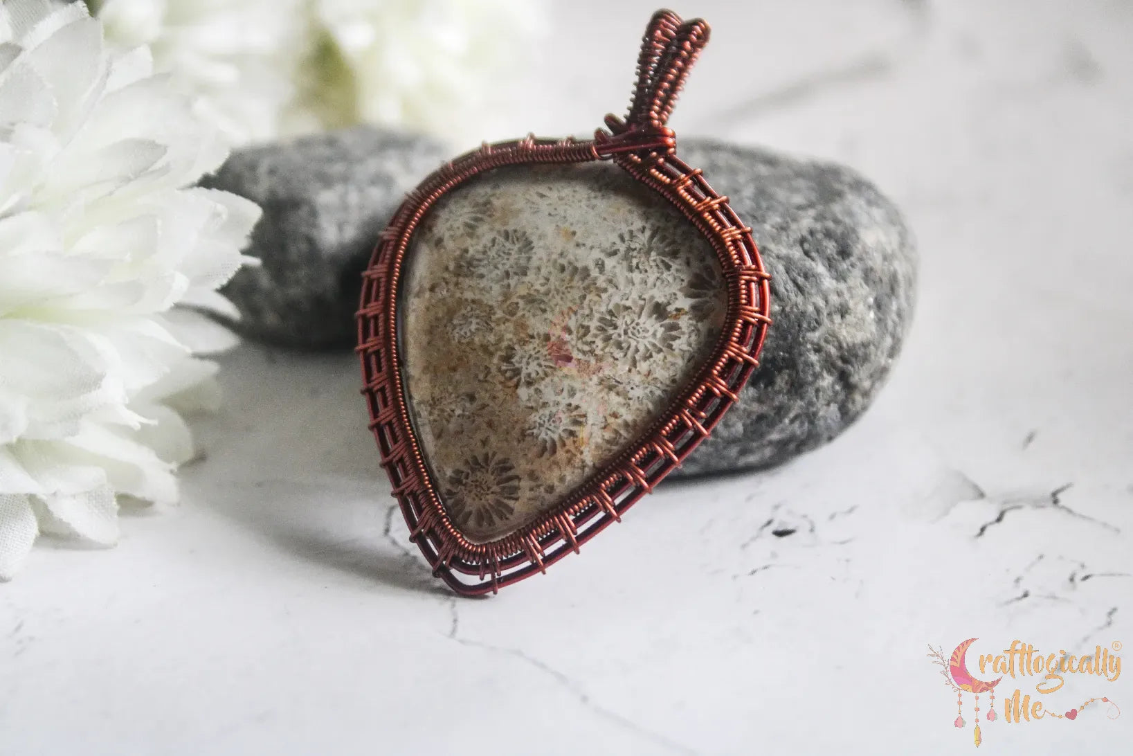 Fossil Jasper Gemstone Teardrop Wrap Pendant – Handmade Anti-Tarnish Copper Jewelry