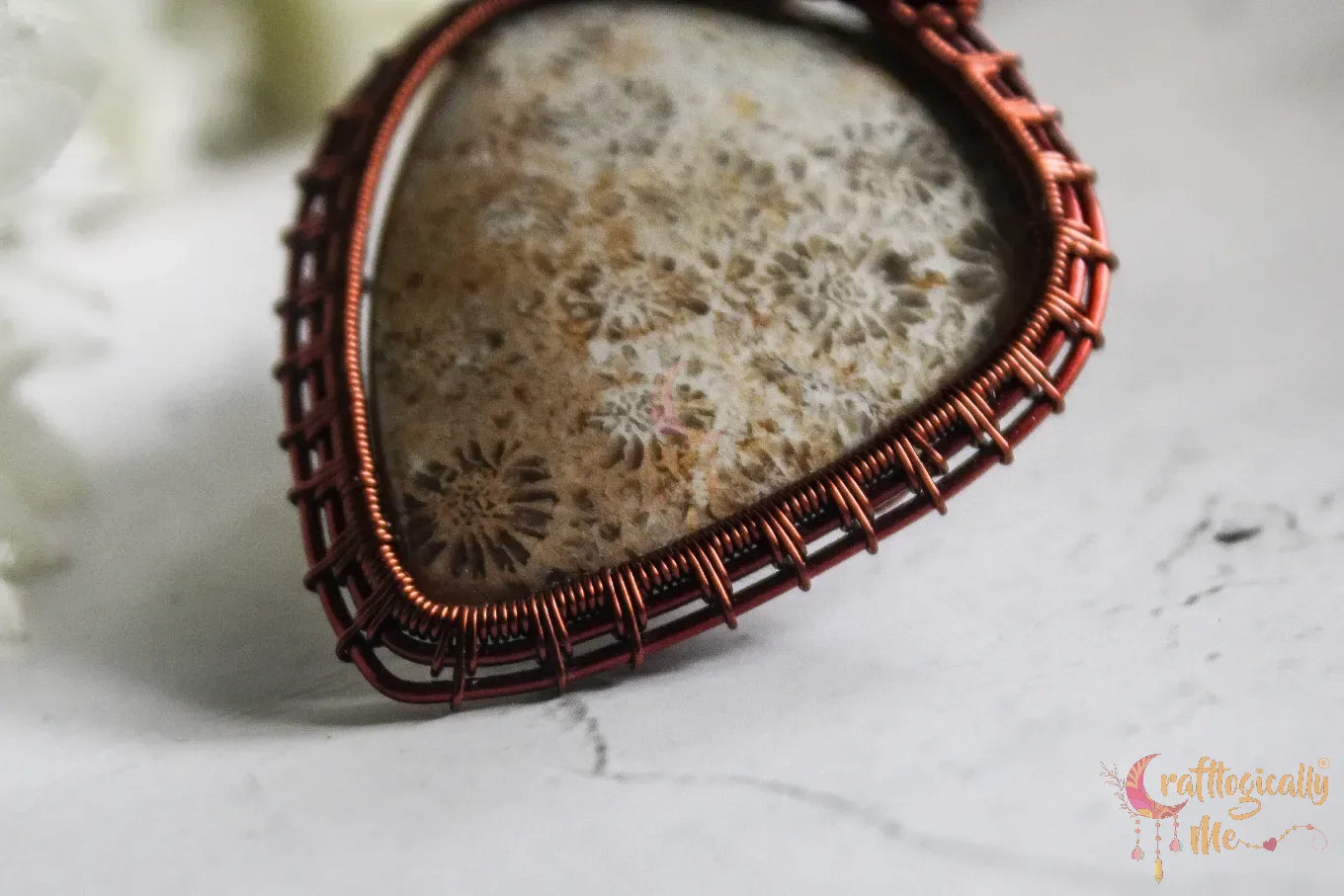 Fossil Jasper Gemstone Teardrop Wrap Pendant – Handmade Anti-Tarnish Copper Jewelry