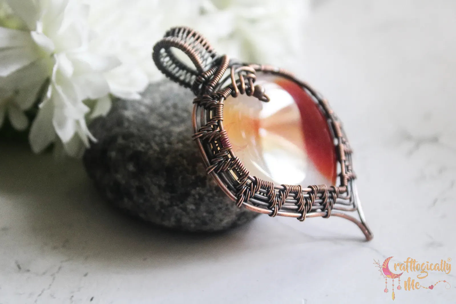 Carnelian Agate Gemstone Heart Wrap Pendant – Handmade Oxidized Copper Wire Jewelry