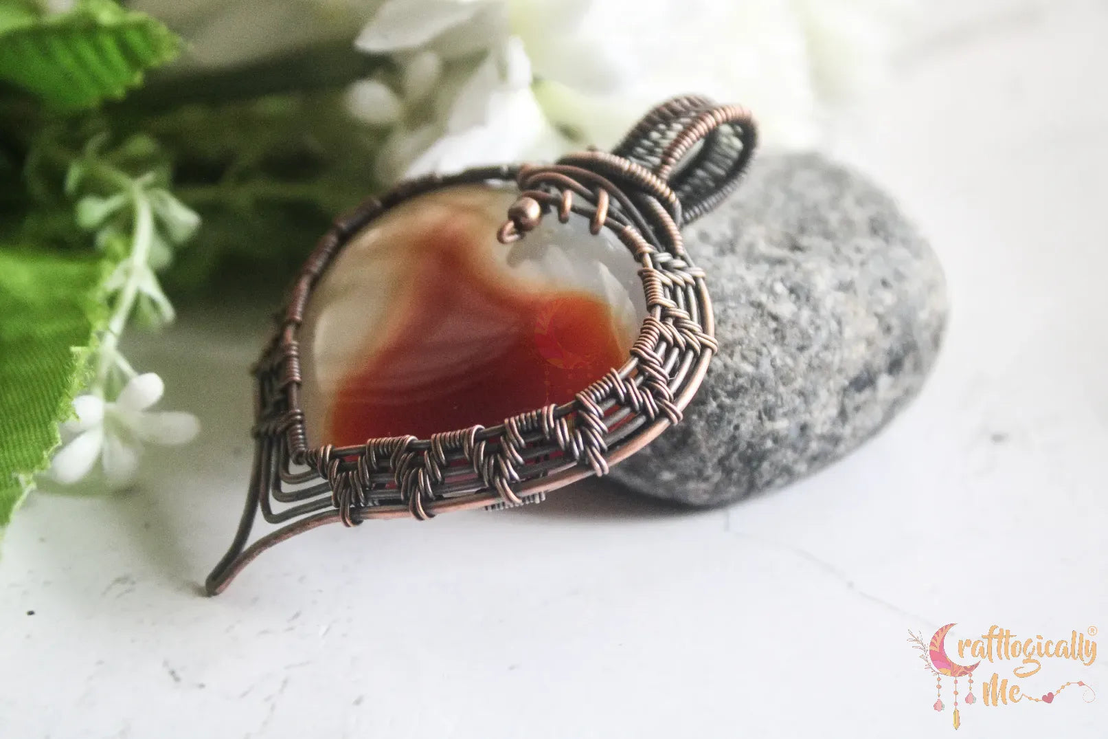 Carnelian Agate Gemstone Heart Wrap Pendant – Handmade Oxidized Copper Wire Jewelry