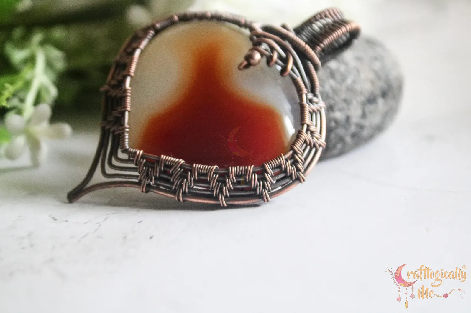 Carnelian Agate Gemstone Heart Wrap Pendant – Handmade Oxidized Copper Wire Jewelry