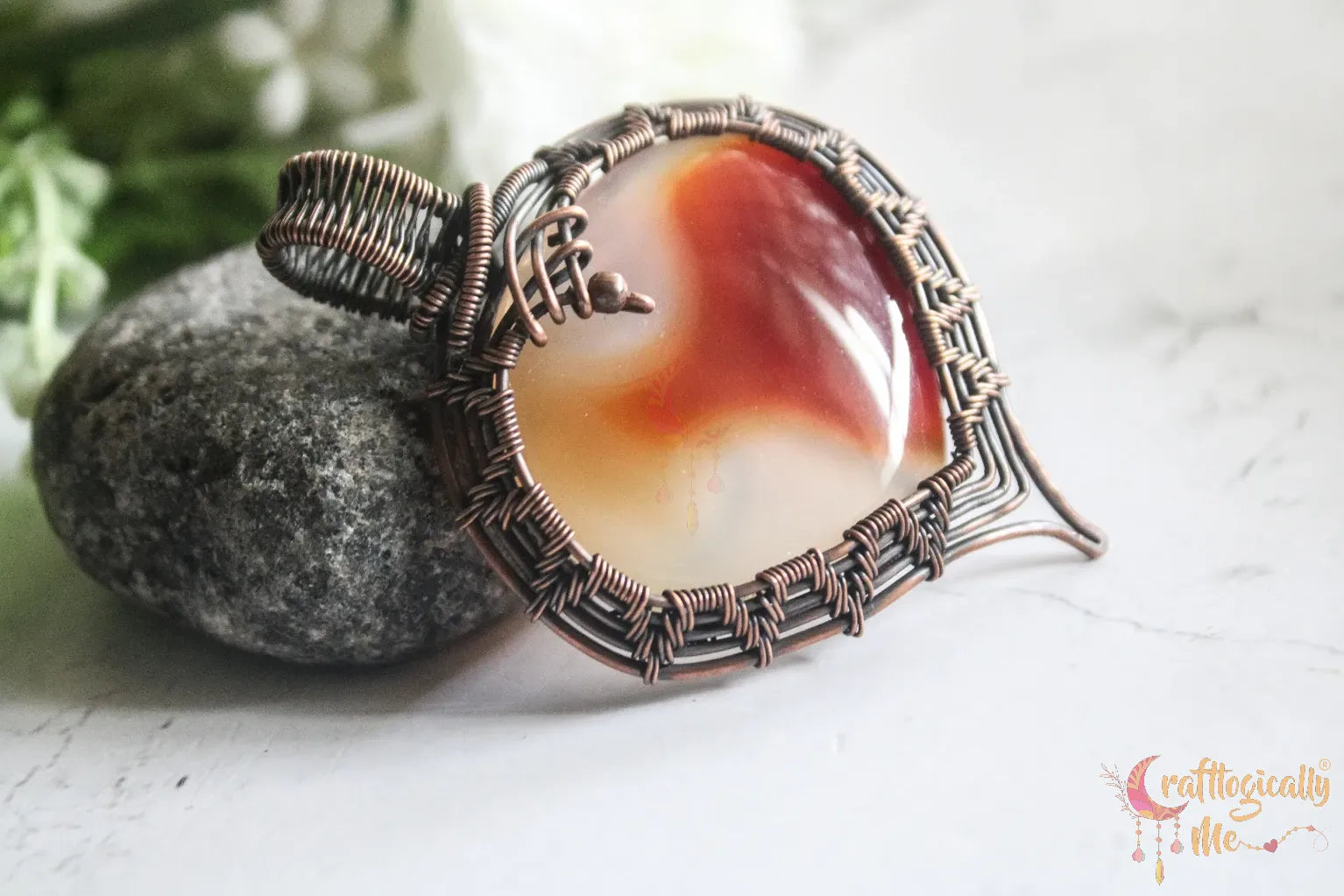 Carnelian Agate Gemstone Heart Wrap Pendant – Handmade Oxidized Copper Wire Jewelry