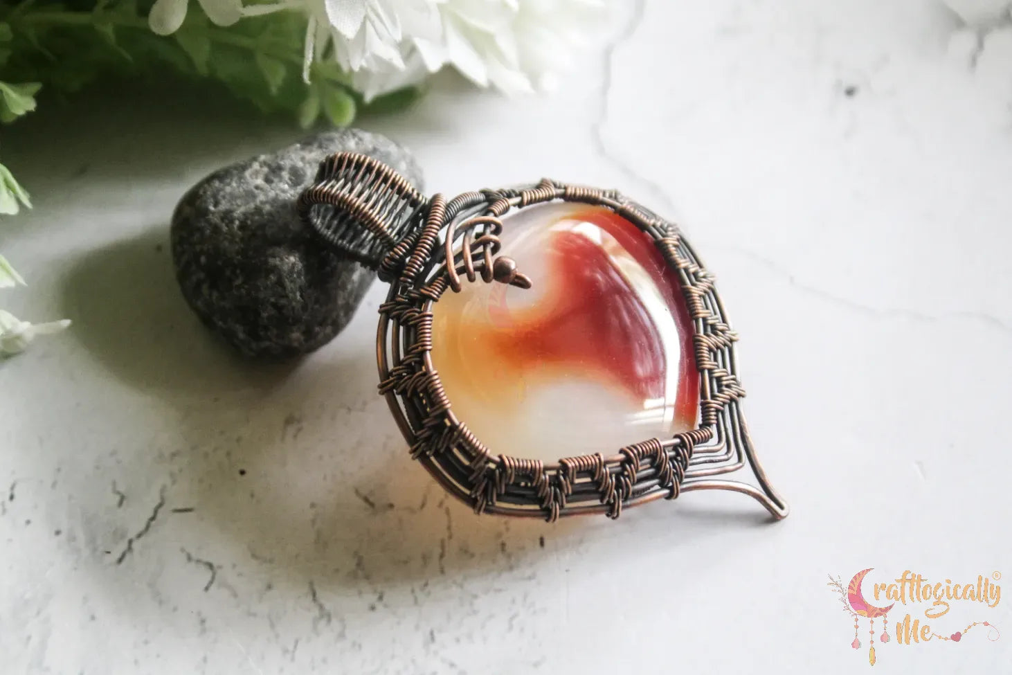 Carnelian Agate Gemstone Heart Wrap Pendant – Handmade Oxidized Copper Wire Jewelry