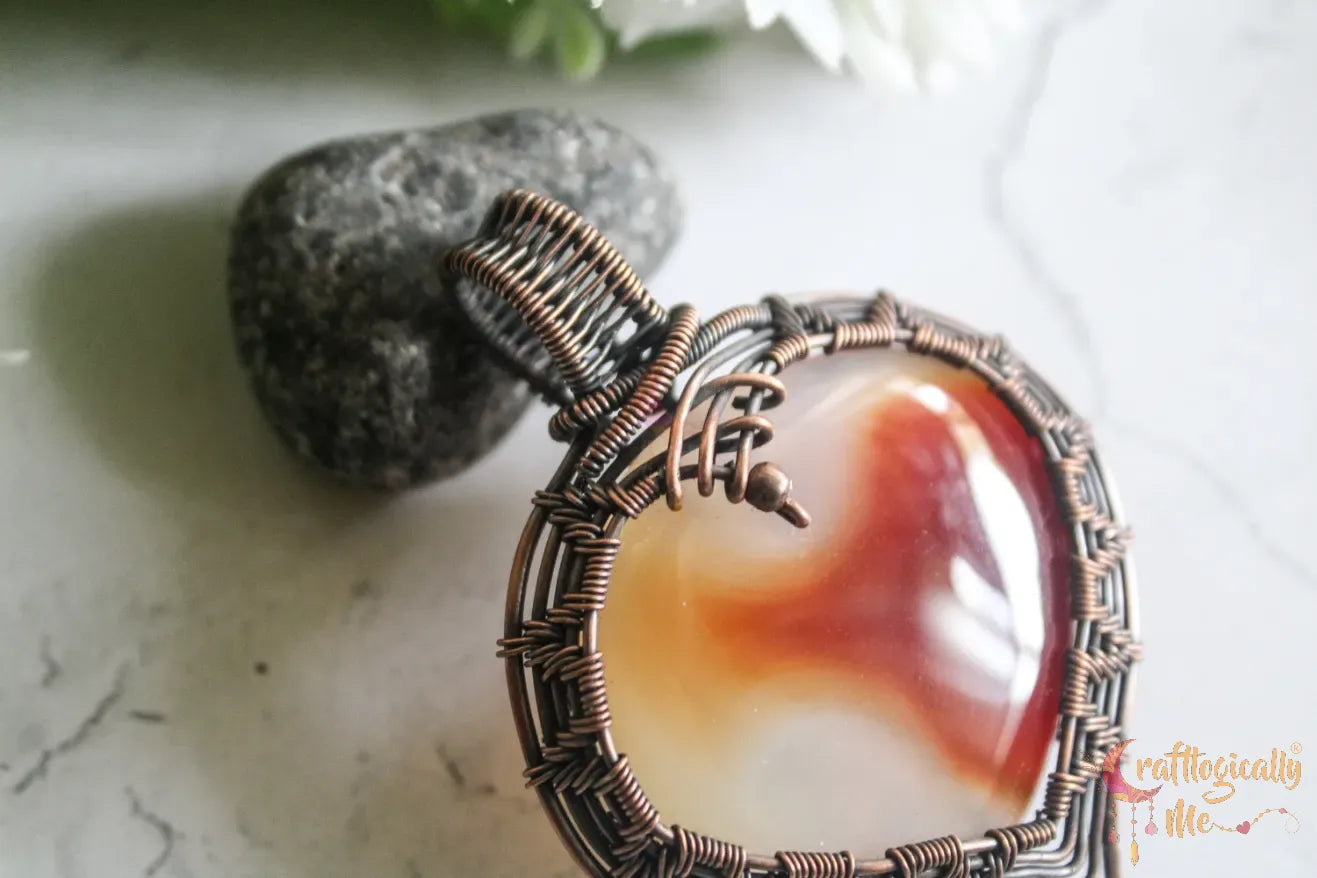 Carnelian Agate Gemstone Heart Wrap Pendant – Handmade Oxidized Copper Wire Jewelry