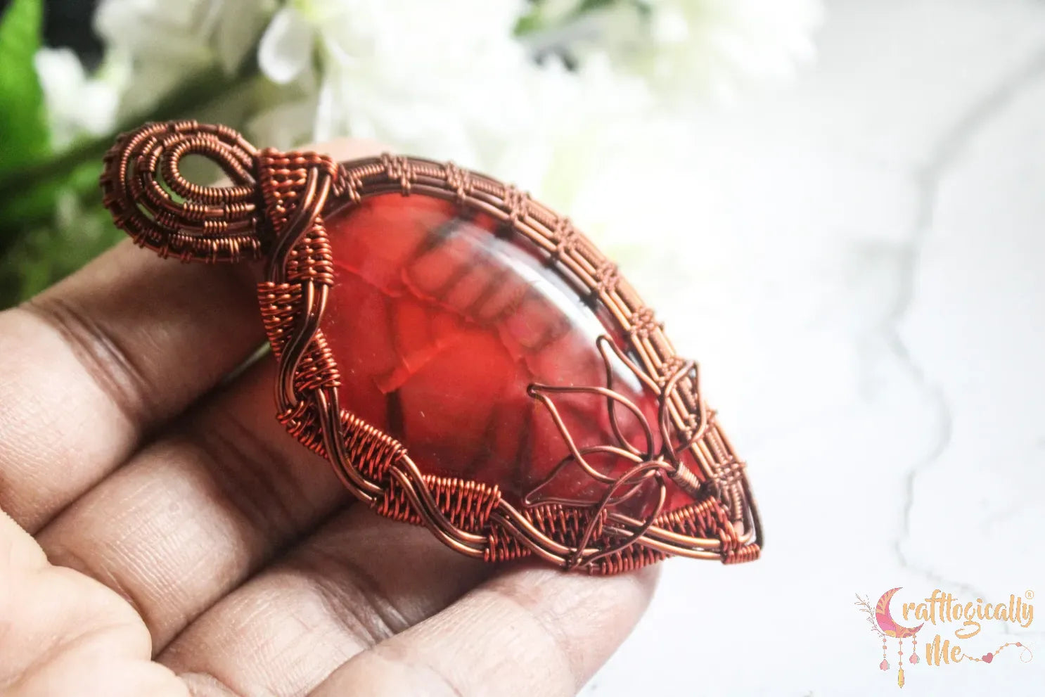 Red Synthetic Gemstone Lotus Criss Cross Wrap Pendant – Handmade Wire Wrapped Jewelry