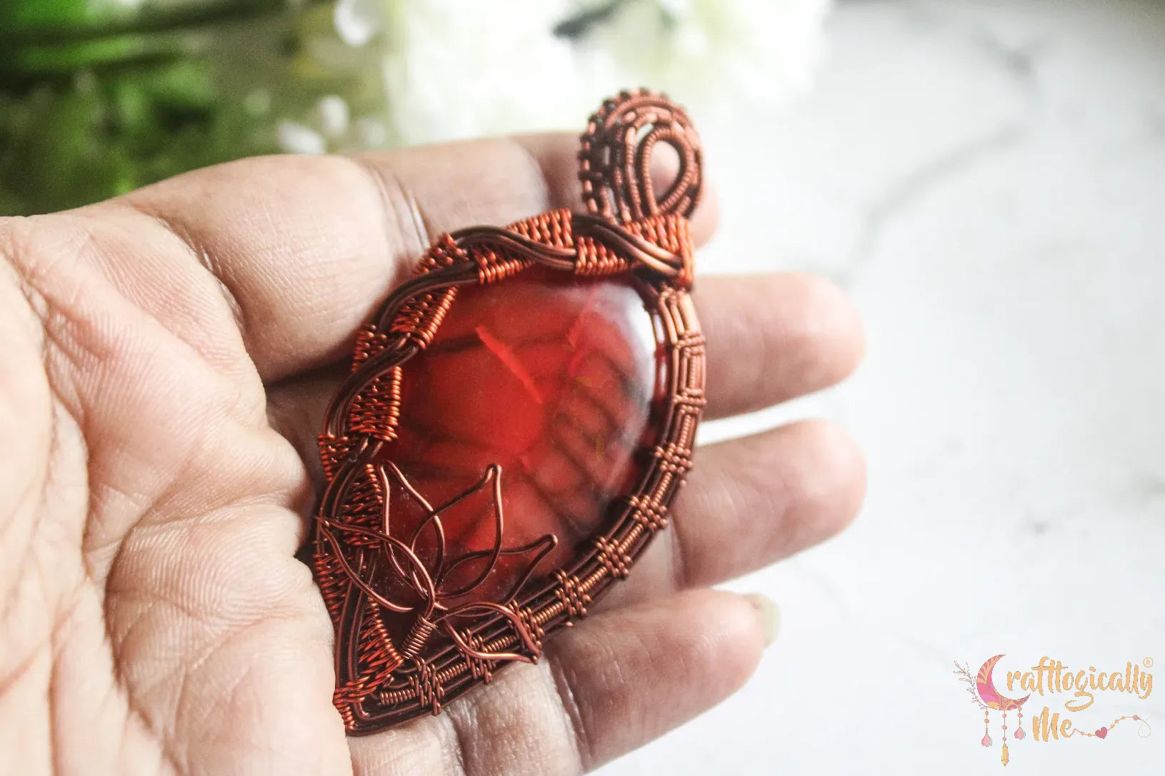 Red Synthetic Gemstone Lotus Criss Cross Wrap Pendant – Handmade Wire Wrapped Jewelry
