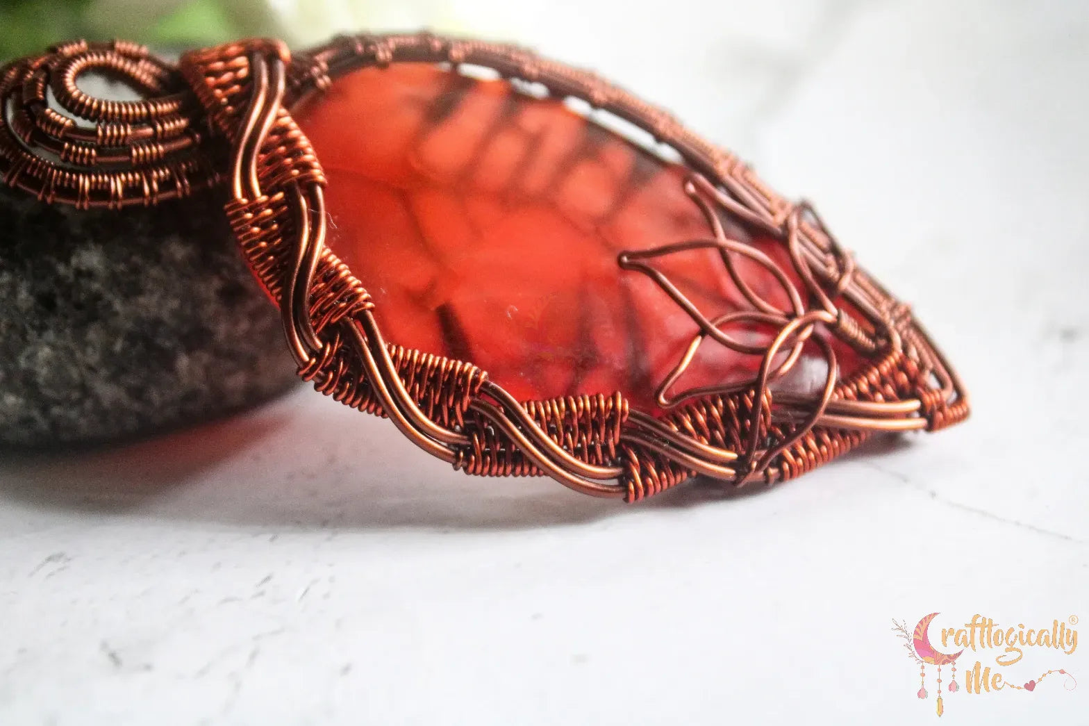 Red Synthetic Gemstone Lotus Criss Cross Wrap Pendant – Handmade Wire Wrapped Jewelry