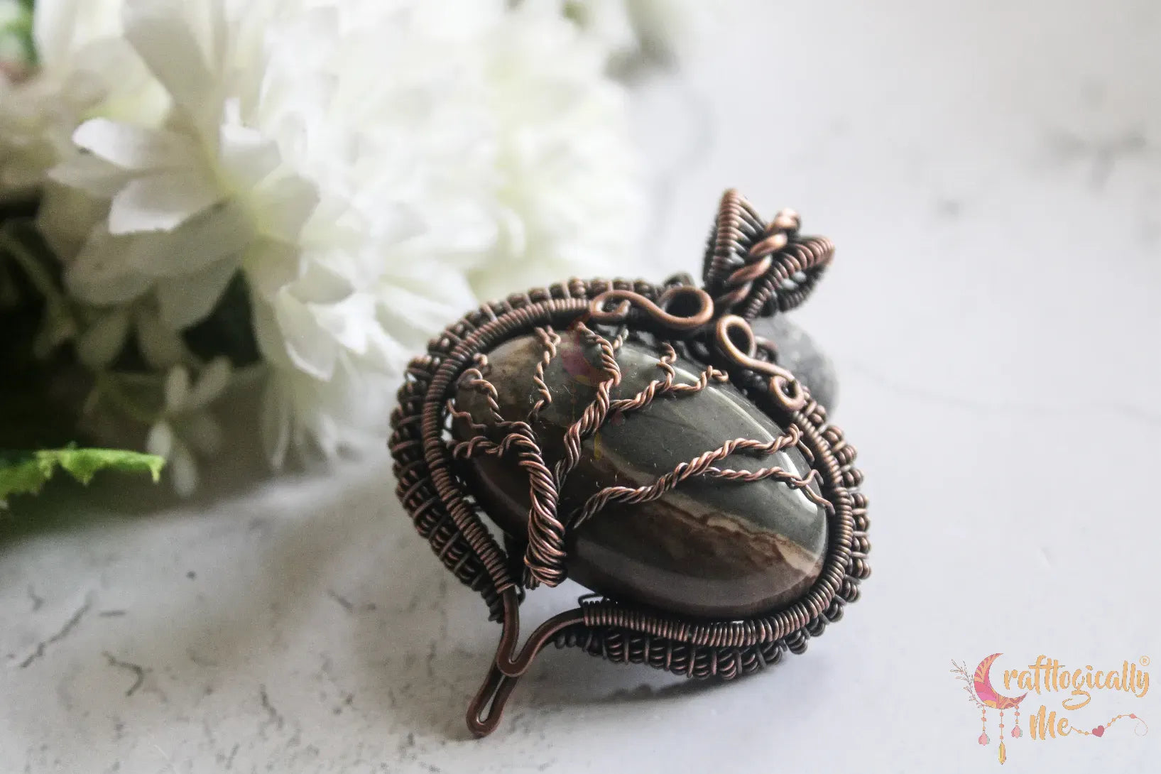 Picture Jasper Gemstone Coiled Coil Tree of Life Pendant – Handmade Oxidized Copper Wire Wrapped Jewelry