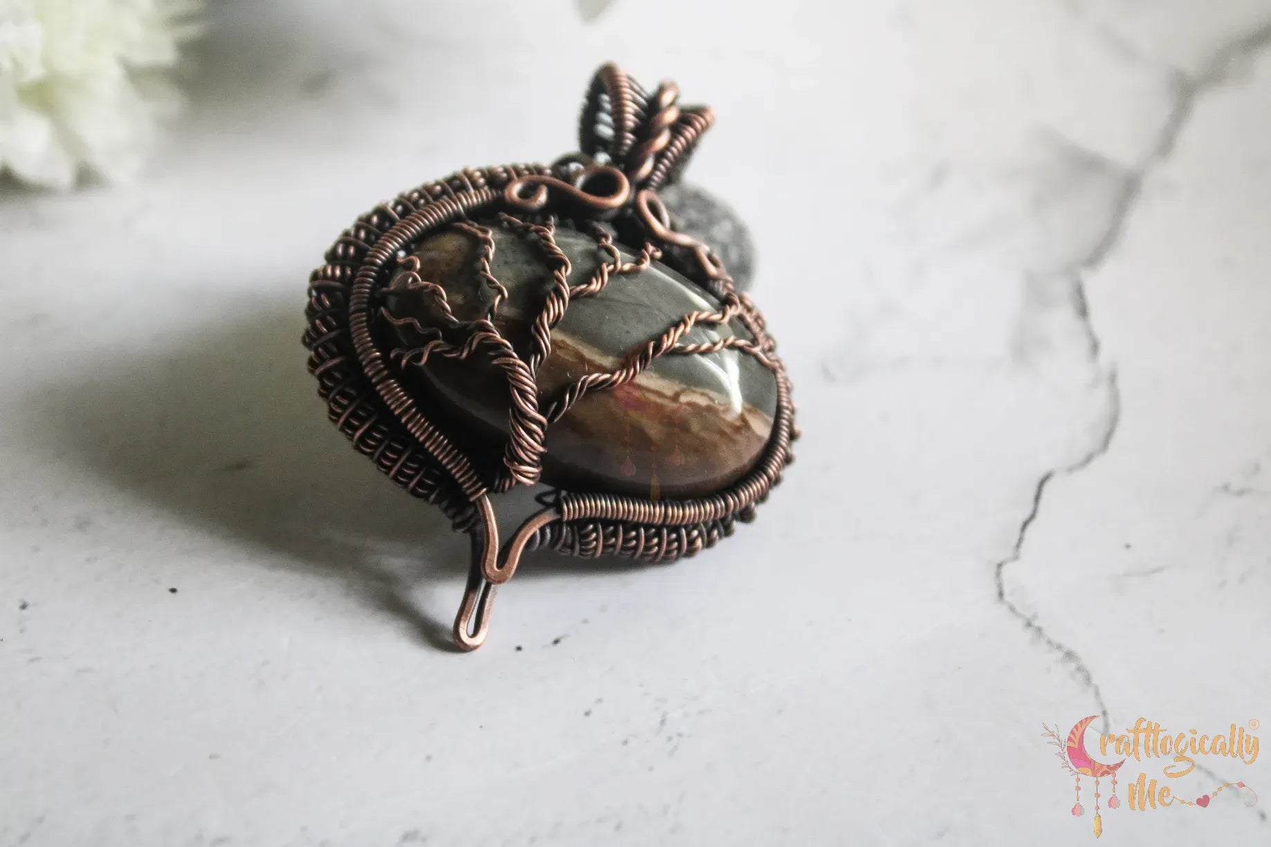 Picture Jasper Gemstone Coiled Coil Tree of Life Pendant – Handmade Oxidized Copper Wire Wrapped Jewelry