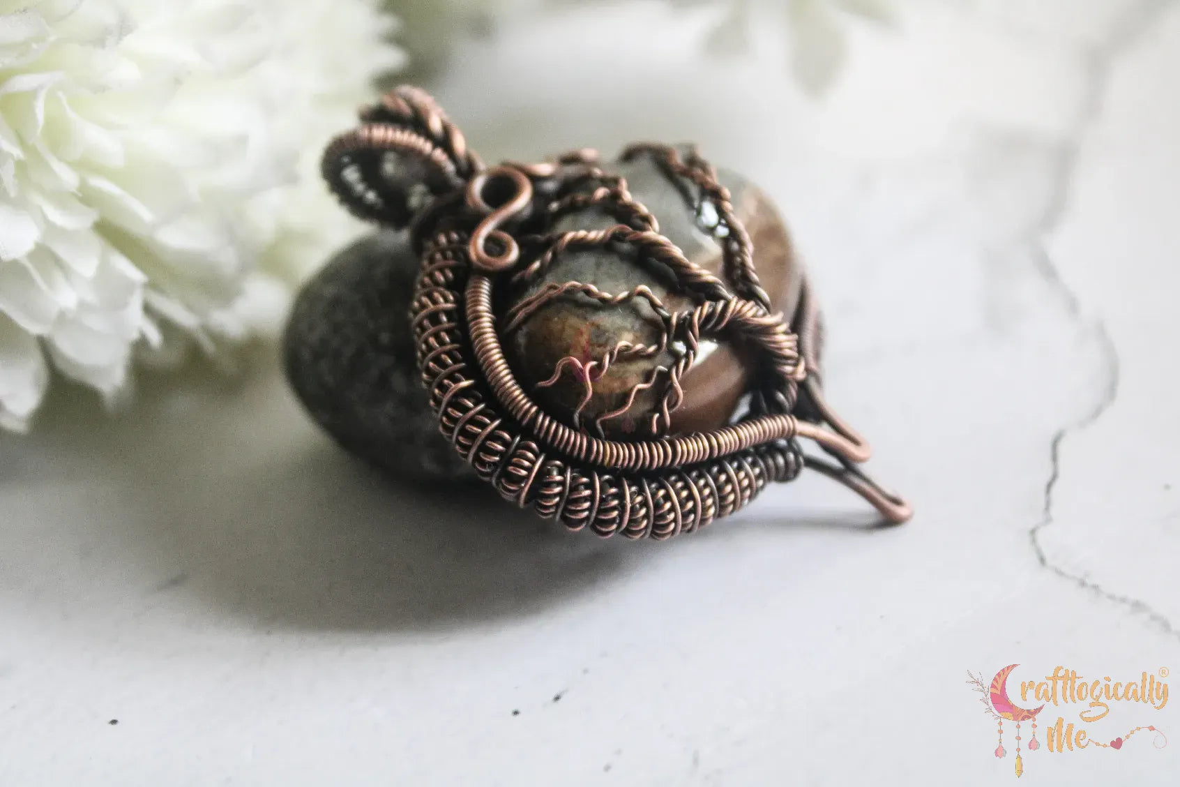 Picture Jasper Gemstone Coiled Coil Tree of Life Pendant – Handmade Oxidized Copper Wire Wrapped Jewelry