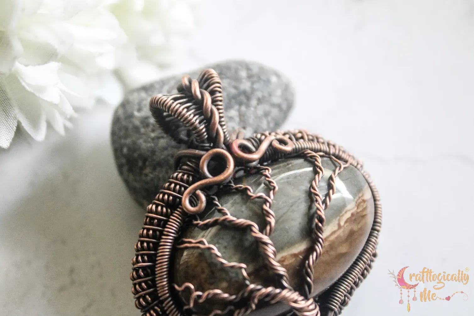 Picture Jasper Gemstone Coiled Coil Tree of Life Pendant – Handmade Oxidized Copper Wire Wrapped Jewelry