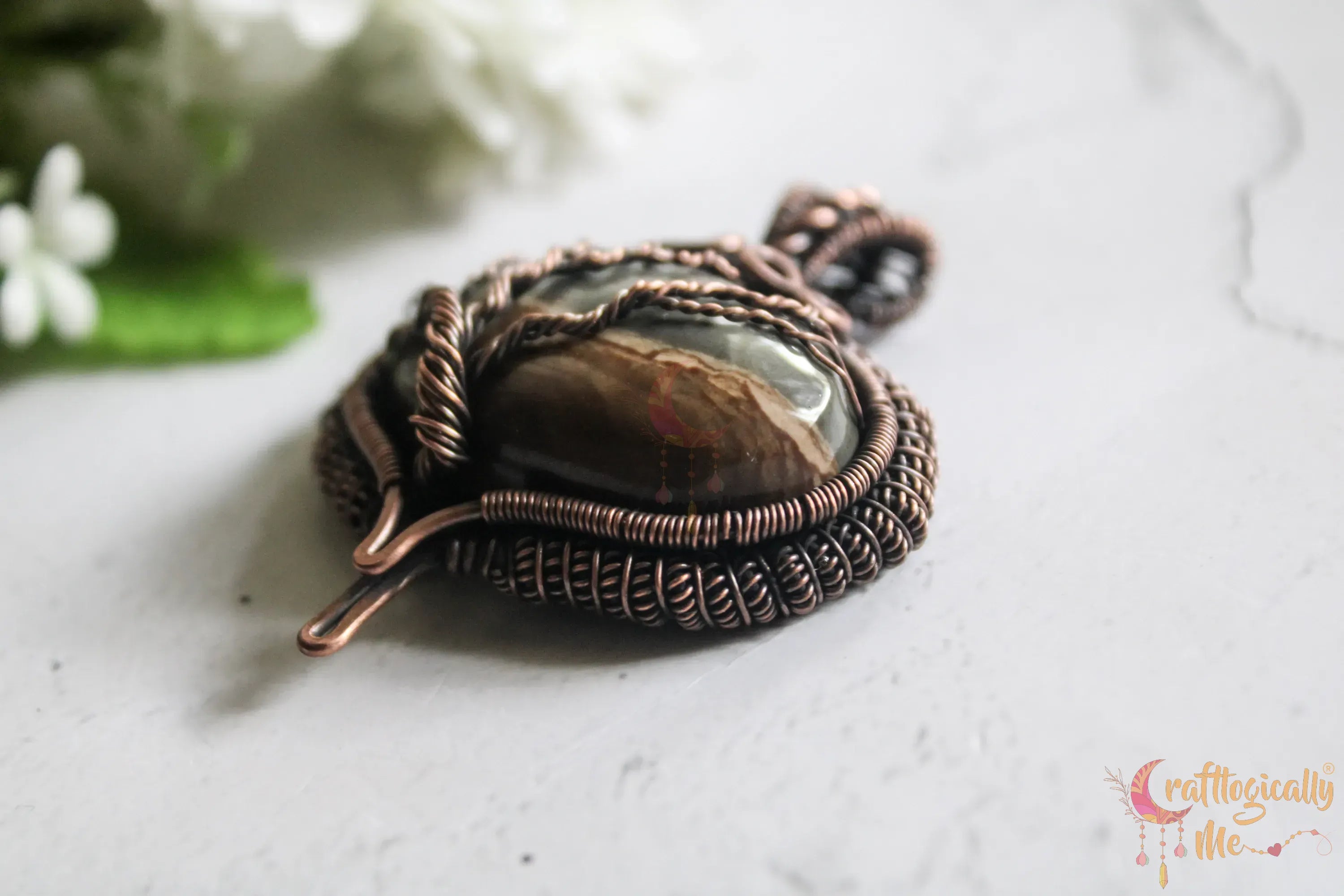 Picture Jasper Gemstone Coiled Coil Tree of Life Pendant – Handmade Oxidized Copper Wire Wrapped Jewelry