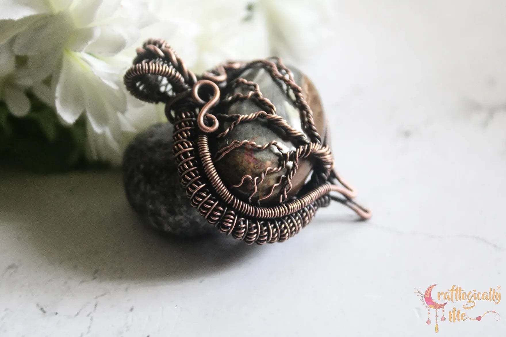 Picture Jasper Gemstone Coiled Coil Tree of Life Pendant – Handmade Oxidized Copper Wire Wrapped Jewelry