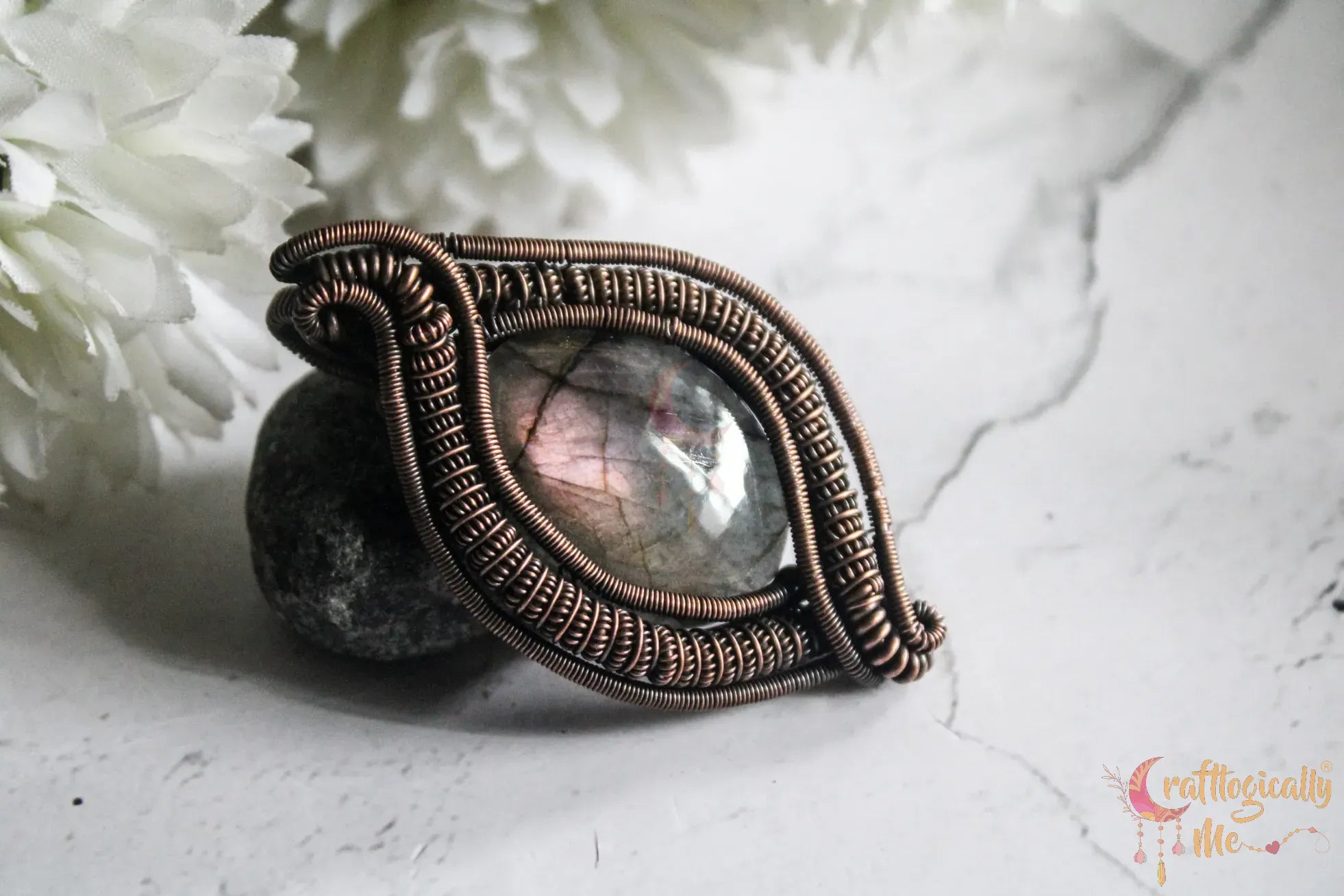 Purple Labradorite Gemstone Coiled Coil Oval Wrap Pendant – Handmade Oxidized Copper Wire Wrapped Jewelry