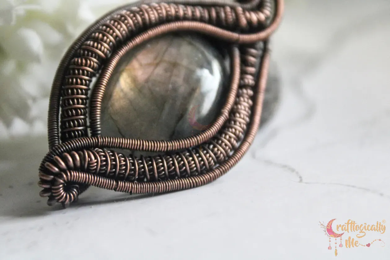Purple Labradorite Gemstone Coiled Coil Oval Wrap Pendant – Handmade Oxidized Copper Wire Wrapped Jewelry