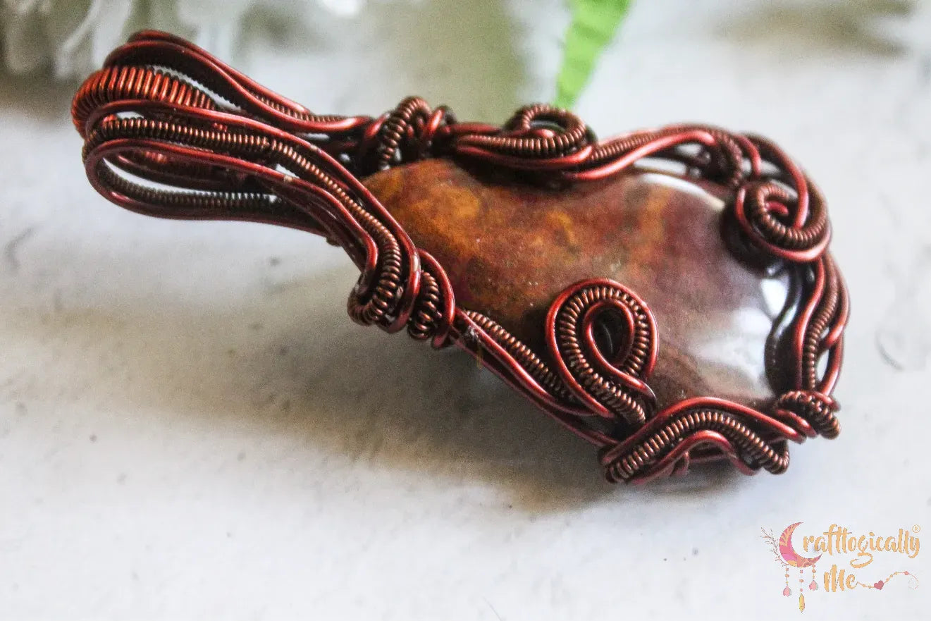 Red Moss Agate Gemstone Swirly Woven Wrap Pendant – Handmade Wire Wrapped Gemstone Jewelry