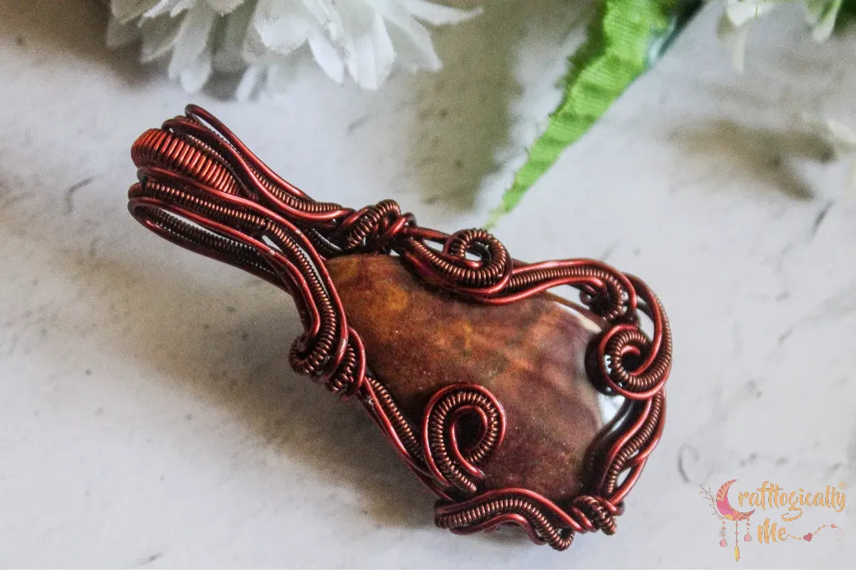 Red Moss Agate Gemstone Swirly Woven Wrap Pendant – Handmade Wire Wrapped Gemstone Jewelry