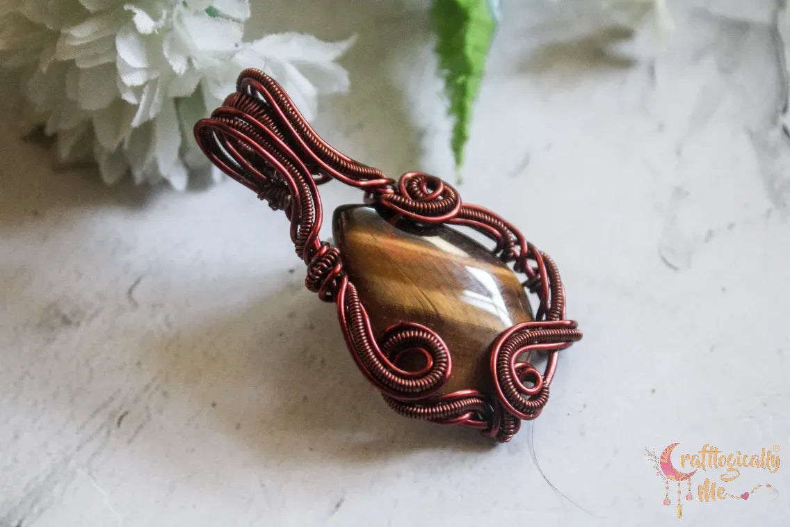 Tiger’s Eye Swirly Woven Wrap Pendant – Handmade Wire Wrapped Gemstone Jewelry