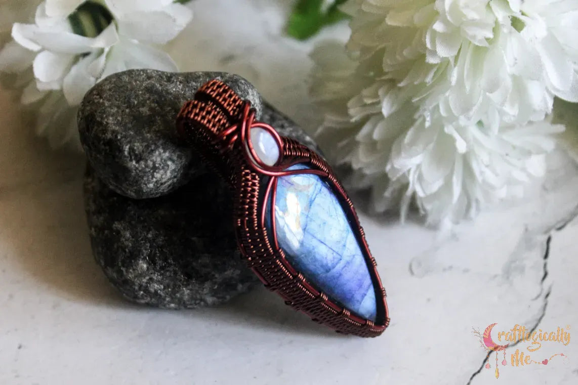 Blue Labradorite and Moonstone Drop Pendant – Handmade Dual Gemstone Wire Wrapped Jewelry