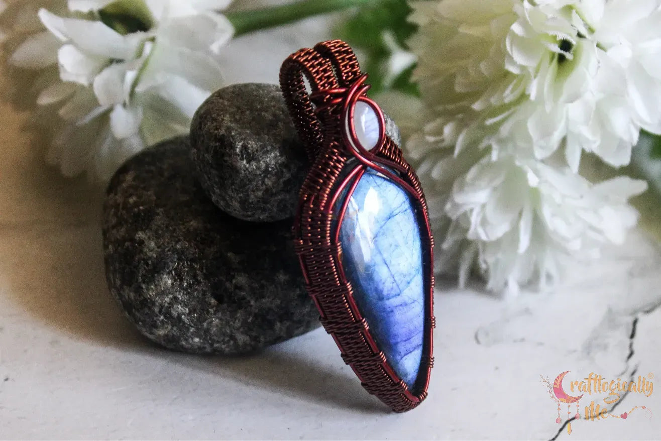 Blue Labradorite and Moonstone Drop Pendant – Handmade Dual Gemstone Wire Wrapped Jewelry