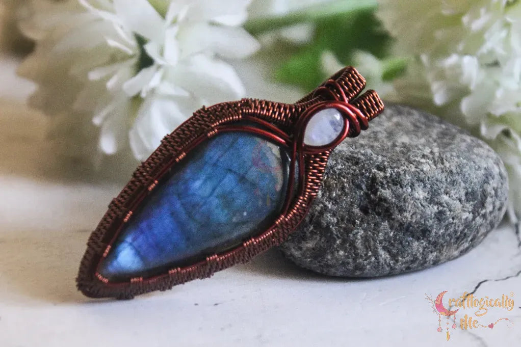 Blue Labradorite and Moonstone Drop Pendant – Handmade Dual Gemstone Wire Wrapped Jewelry