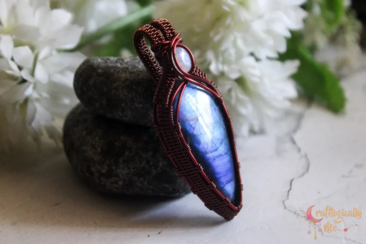 Blue Labradorite and Moonstone Drop Pendant – Handmade Dual Gemstone Wire Wrapped Jewelry