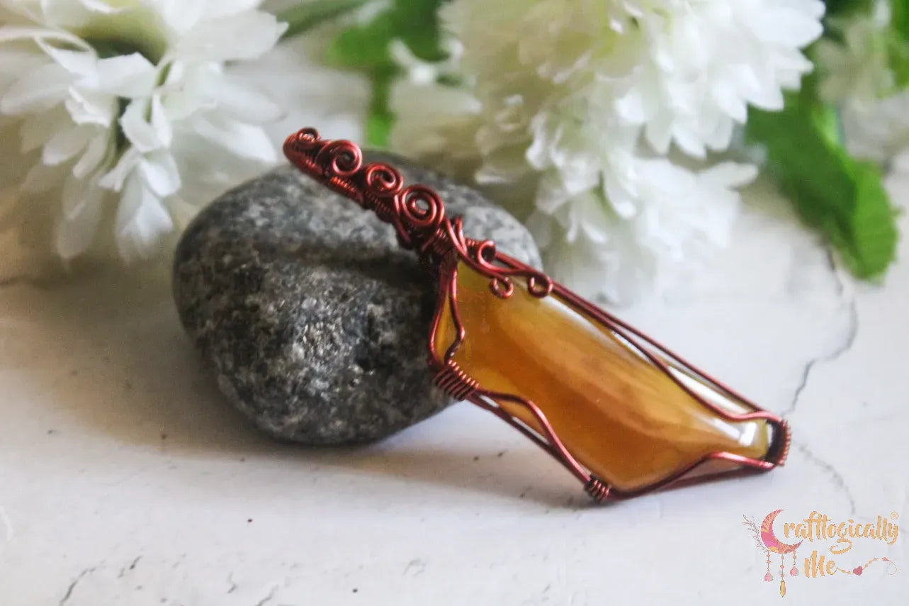 Yellow Agate Cleaver Wrap Pendant – Handmade Wire Wrapped Gemstone Jewelry