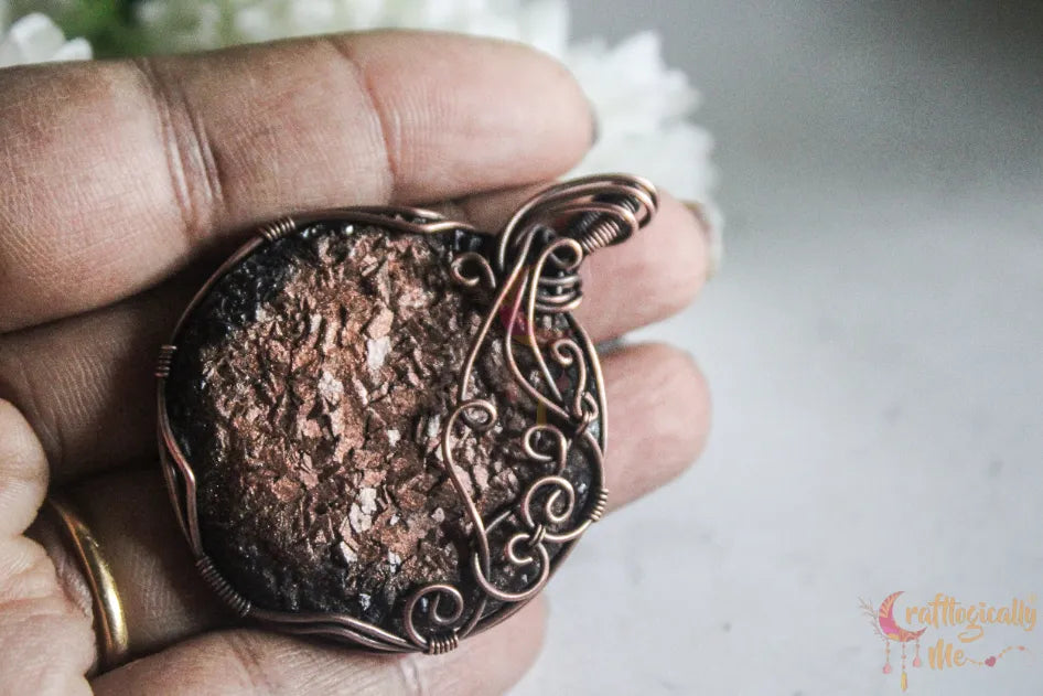 Handmade Resin Black and Metallic Copper Round Swirly Wrap Pendant – Oxidized Copper Wire Wrapped Jewelry