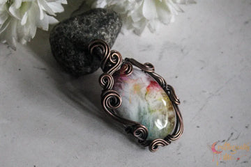 Rainbow Solar Quartz Swirly Wrap Pendant – Handmade Oxidized Copper Wire Wrapped Jewelry
