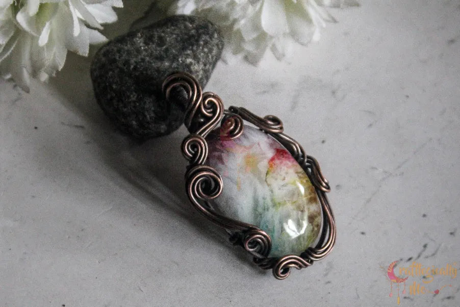 Rainbow Solar Quartz Swirly Wrap Pendant – Handmade Oxidized Copper Wire Wrapped Jewelry