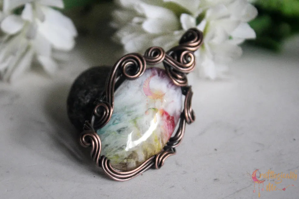Rainbow Solar Quartz Swirly Wrap Pendant – Handmade Oxidized Copper Wire Wrapped Jewelry