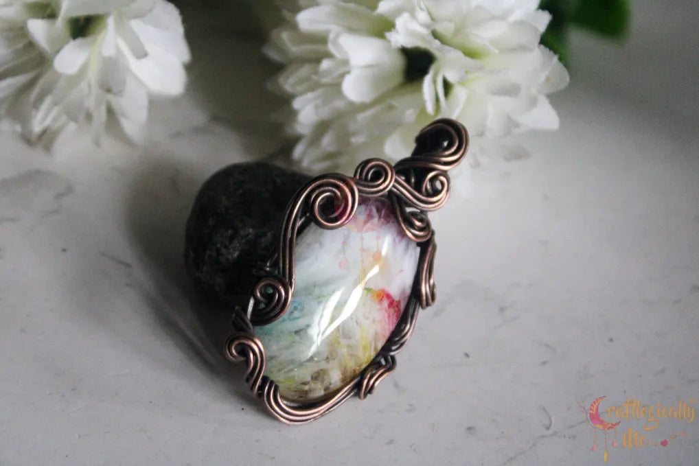 Rainbow Solar Quartz Swirly Wrap Pendant – Handmade Oxidized Copper Wire Wrapped Jewelry